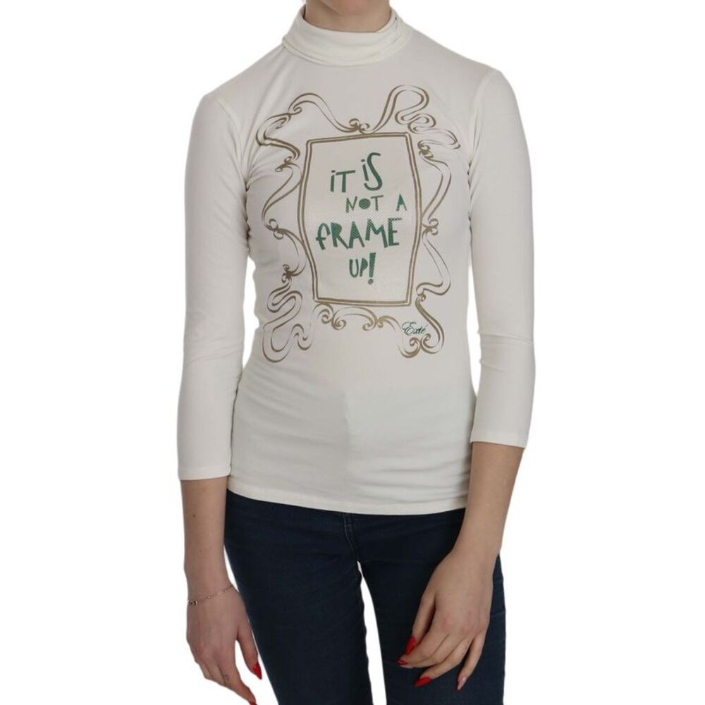 Exte White Printed Turtle Neck 3/4 Sleeve Top Cotton Women's Blouse